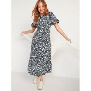 Old Navy Puffed Sleeve Floral Maxi Shift Dress Open Back Slit Sz L